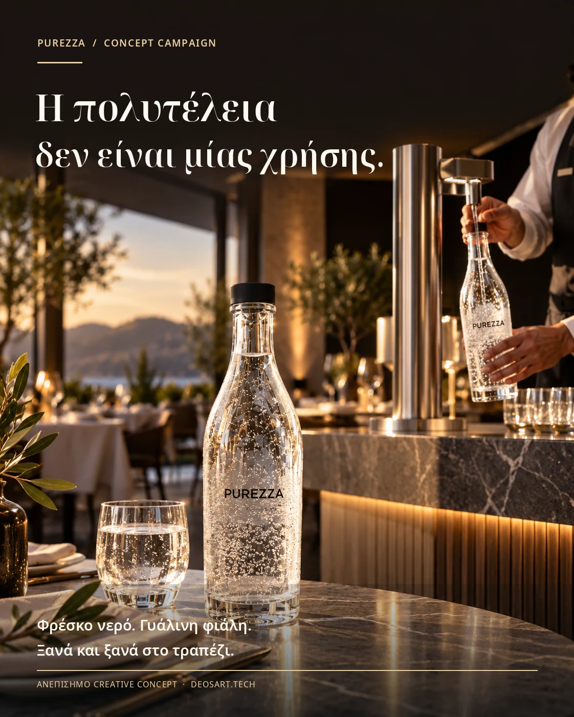 Ανεπίσημο διαφημιστικό concept PUREZZA: επαναχρησιμοποιούμενη γυάλινη φιάλη στο τραπέζι, μπαρ με σύστημα γεμίσματος, και μήνυμα Η πολυτέλεια δεν είναι μίας χρήσης